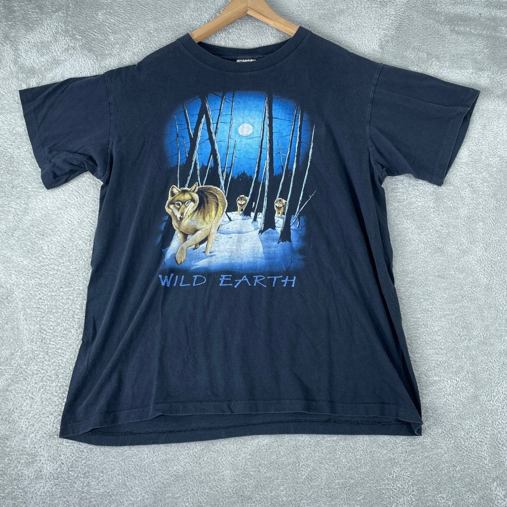 Vintage Wild Earth Wolf Shirt Mens XL Black Moon Forest Nature Grunge 90s